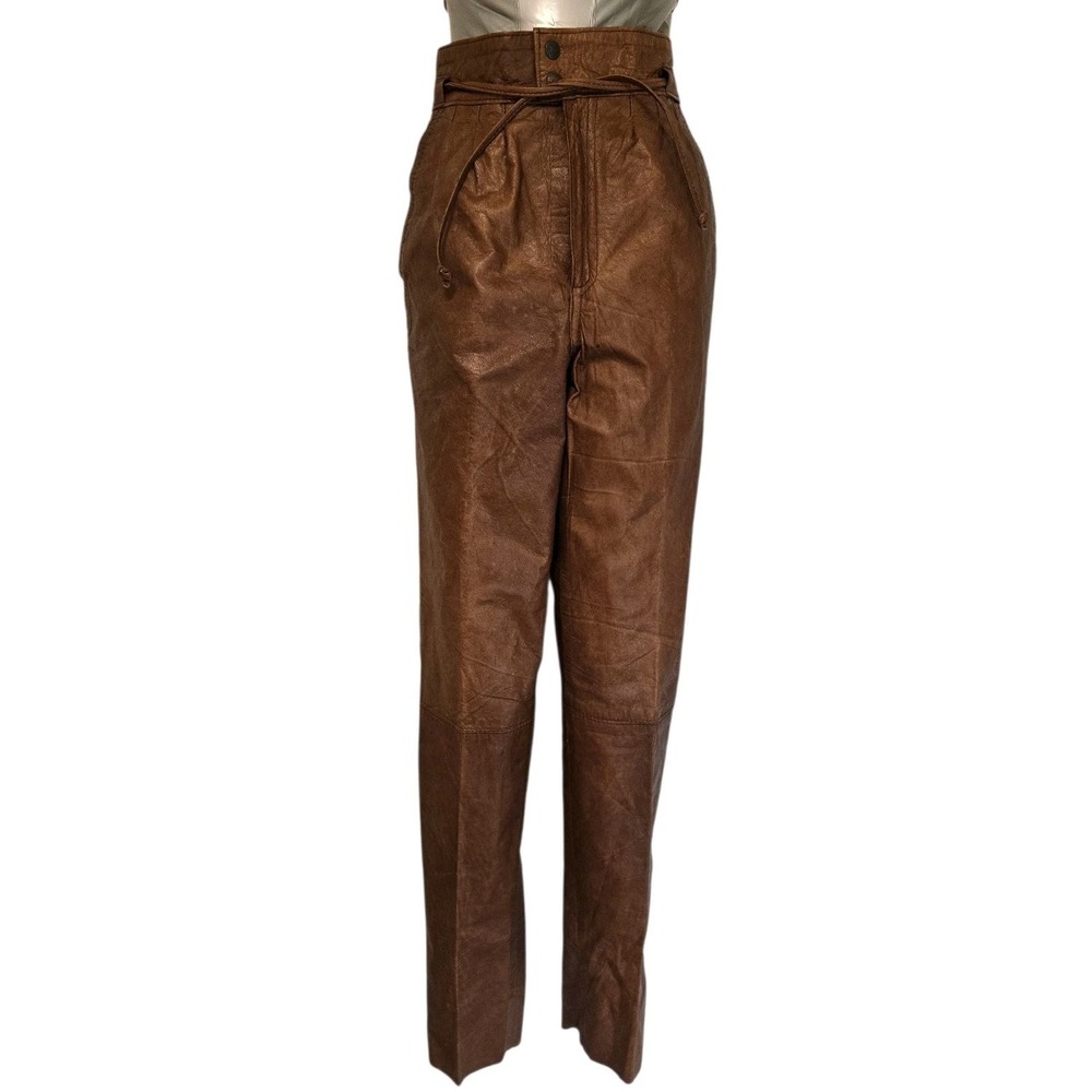 Womens Vintage Brown Leather Pants‎ 24" Waist Made In Argentina Pleated
